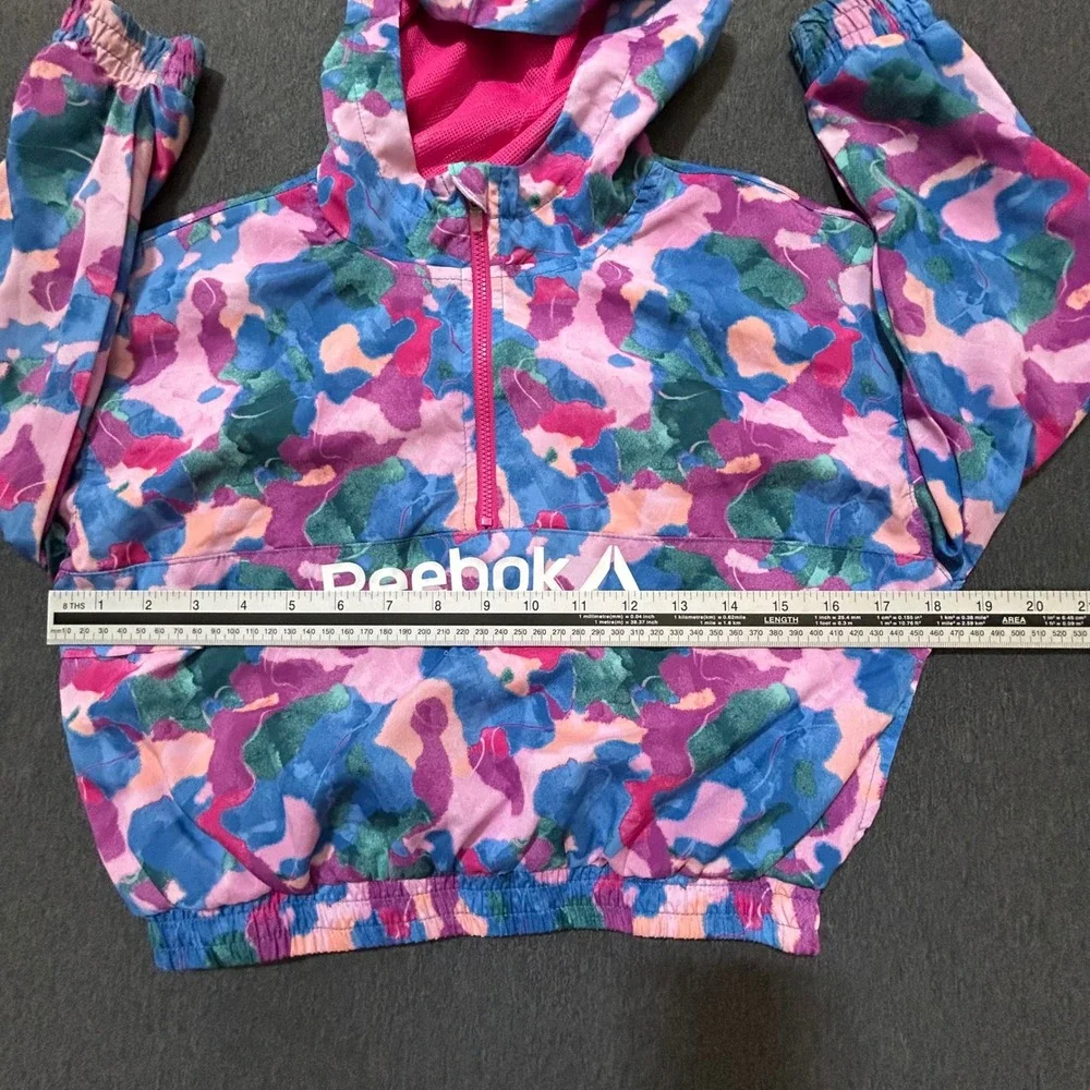 Reebok Girls 6/6X Hooded Half Zip Windbreaker Jacket Pink Abstract Mesh Lined
